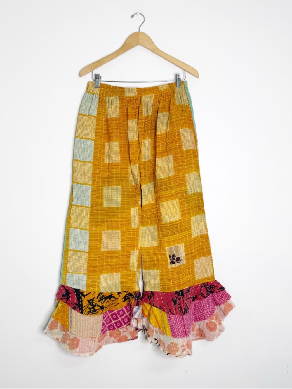 Jaded Gypsy Patchwork Ruffle Pants One Size Boho Wide Leg Cotton Flare